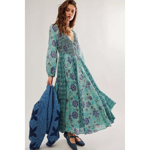 Free People A New Way Maxi in Teal Combo NEW - Picture 4 of 7